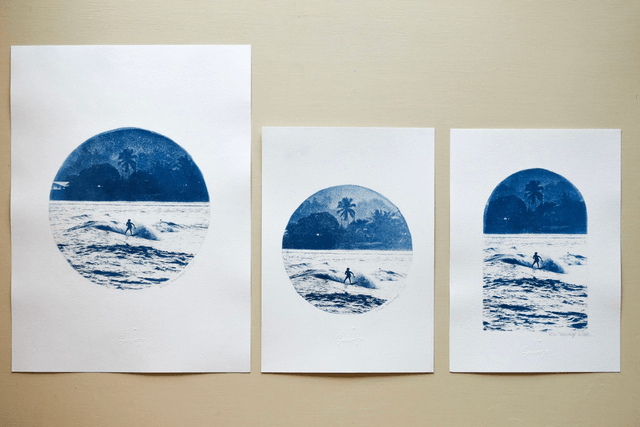 Affiche cyanotype photo de surf - Crépuscule, Taharuu (Tahiti)