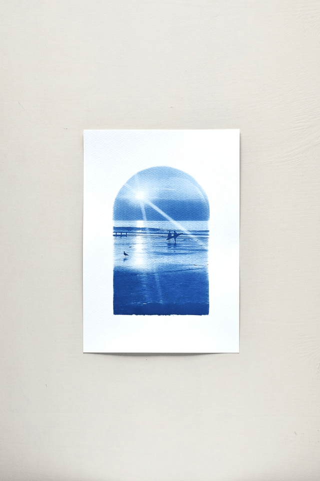 Affiche cyanotype photo de surf - Coucher du soleil, Saint-Malo