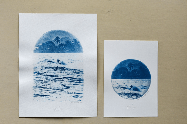 Affiche cyanotype photo de surf - Crépuscule, Taharuu (Tahiti)