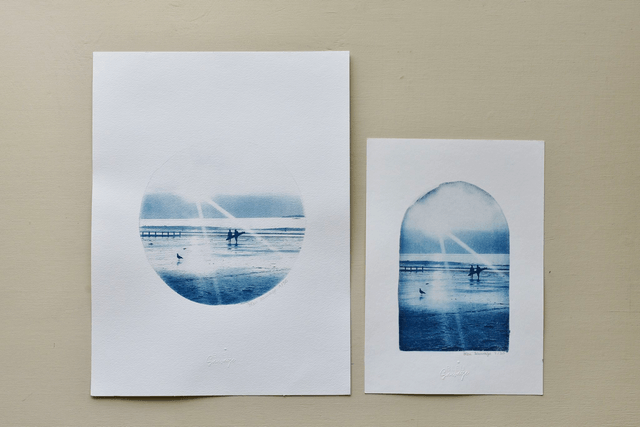 Affiche cyanotype photo de surf - Coucher du soleil, Saint-Malo