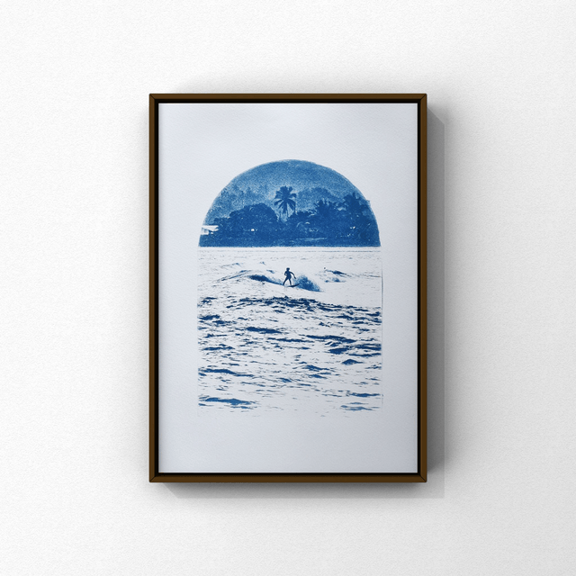 Affiche cyanotype photo de surf - Crépuscule, Taharuu (Tahiti)