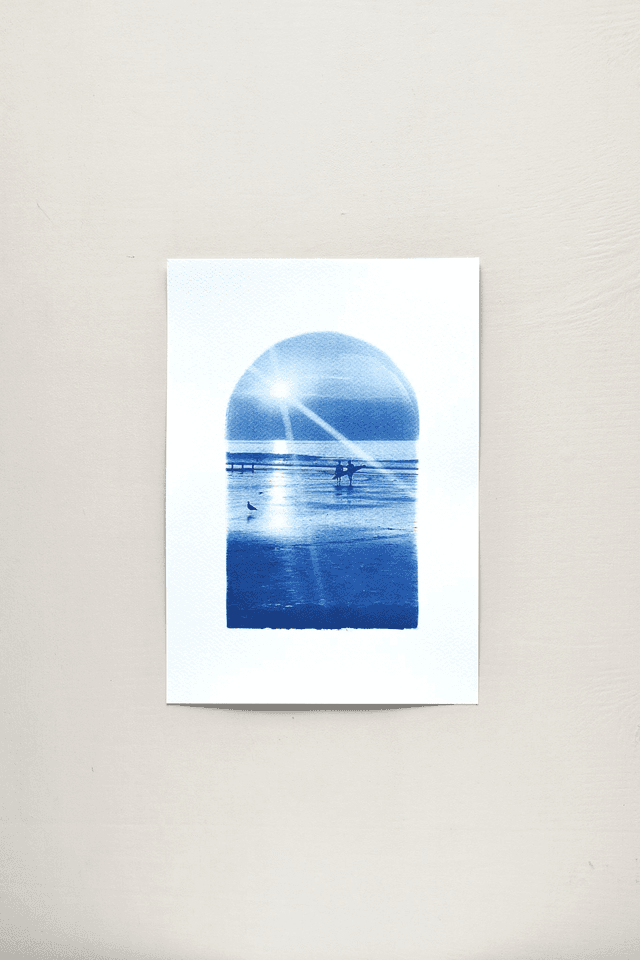 Affiche cyanotype photo de surf - Coucher du soleil, Saint-Malo