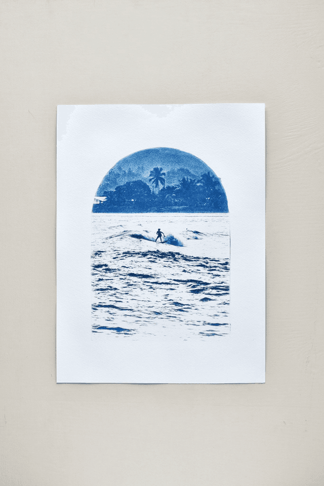 Affiche cyanotype photo de surf - Crépuscule, Taharuu (Tahiti)